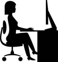 Vector silhouette of a woman sitting working at the computer